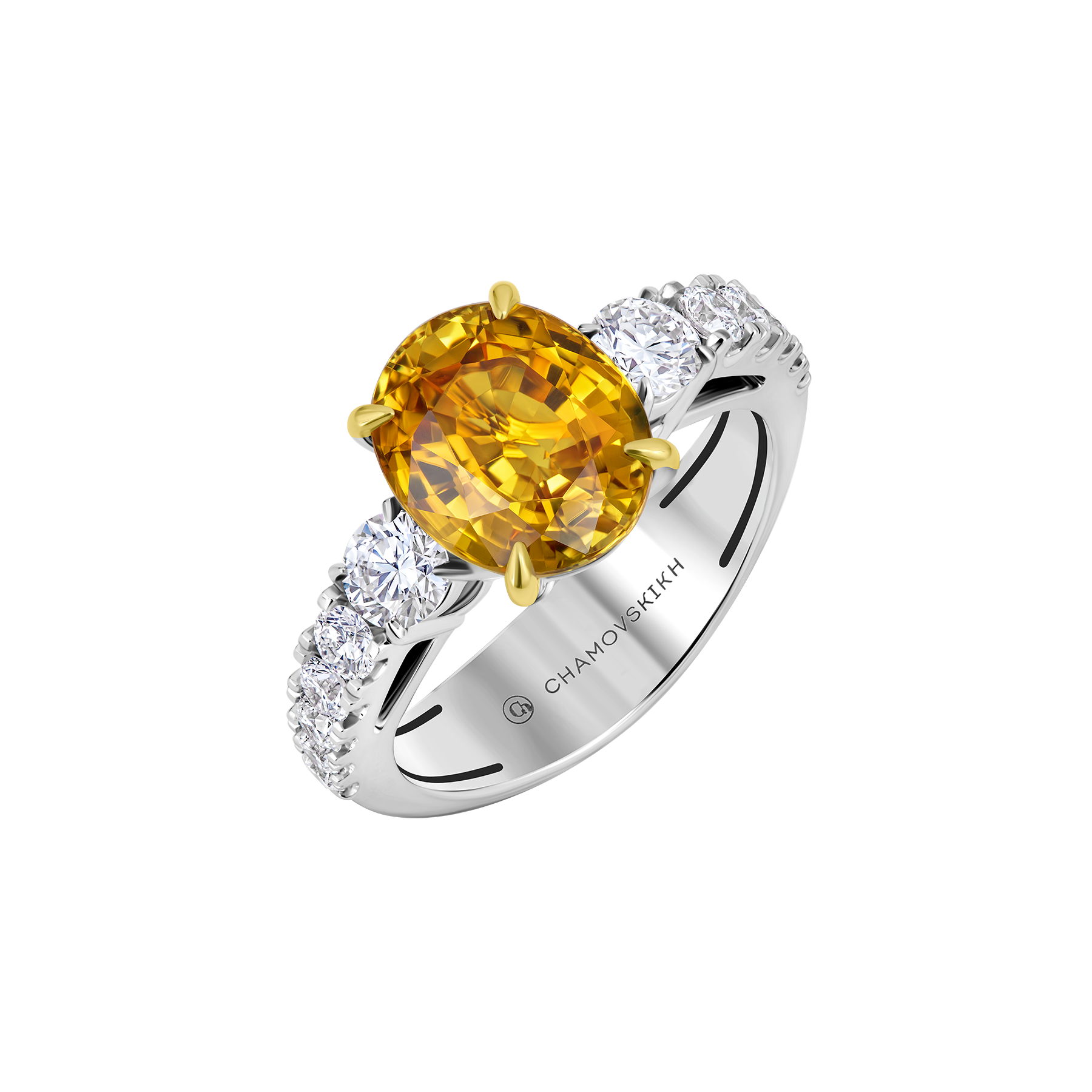 Кольцо с желтым сапфиром и бриллиантами, белое золото