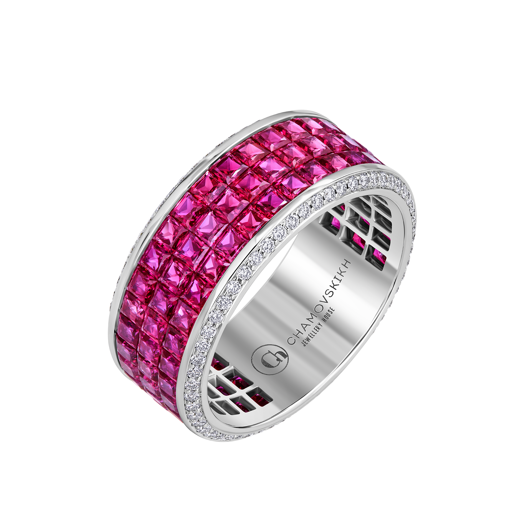 Кольцо с рубинами и бриллиантами, белое золото