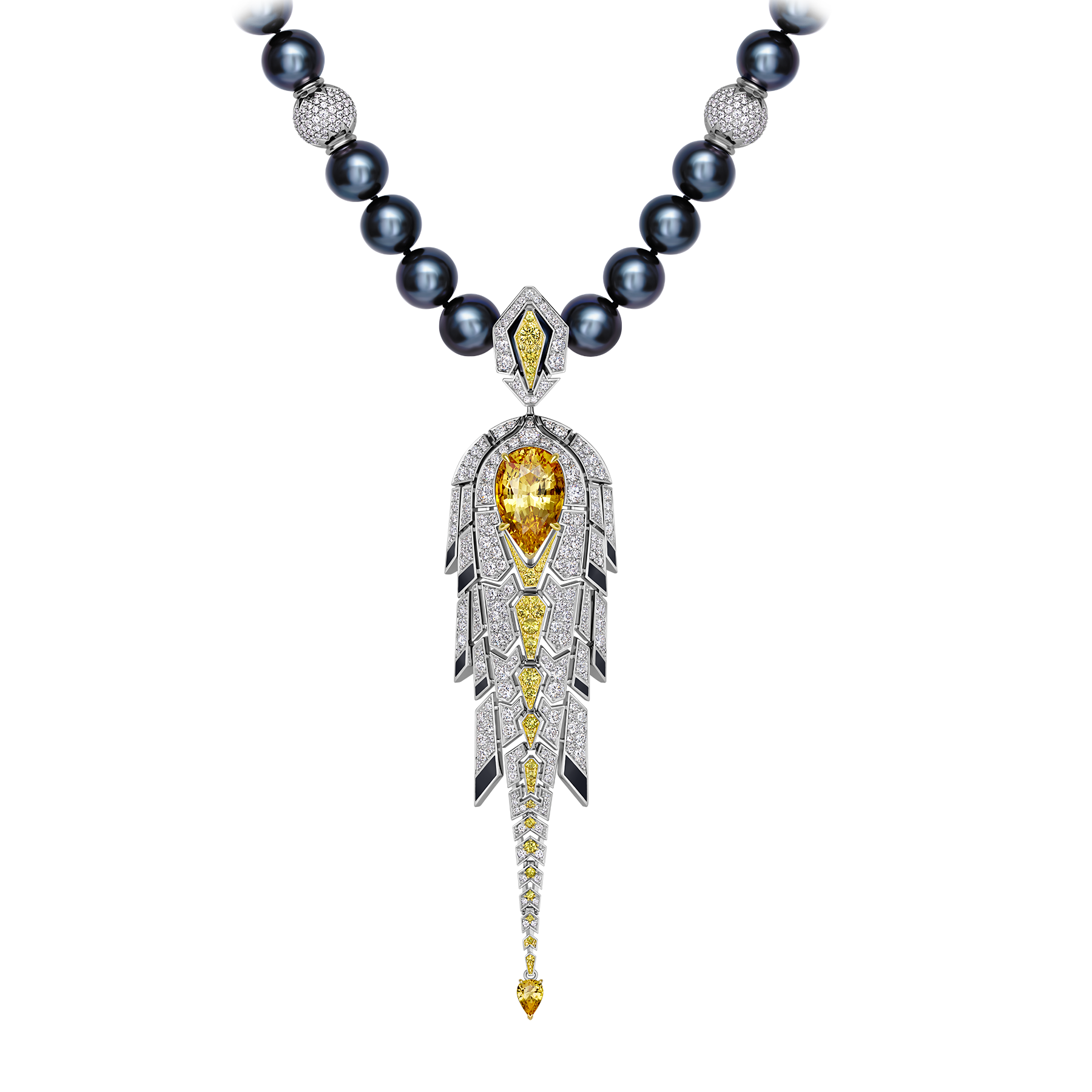 Колье с желтыми сапфирами, бриллиантами и жемчугом, белое золото, н.керамика
